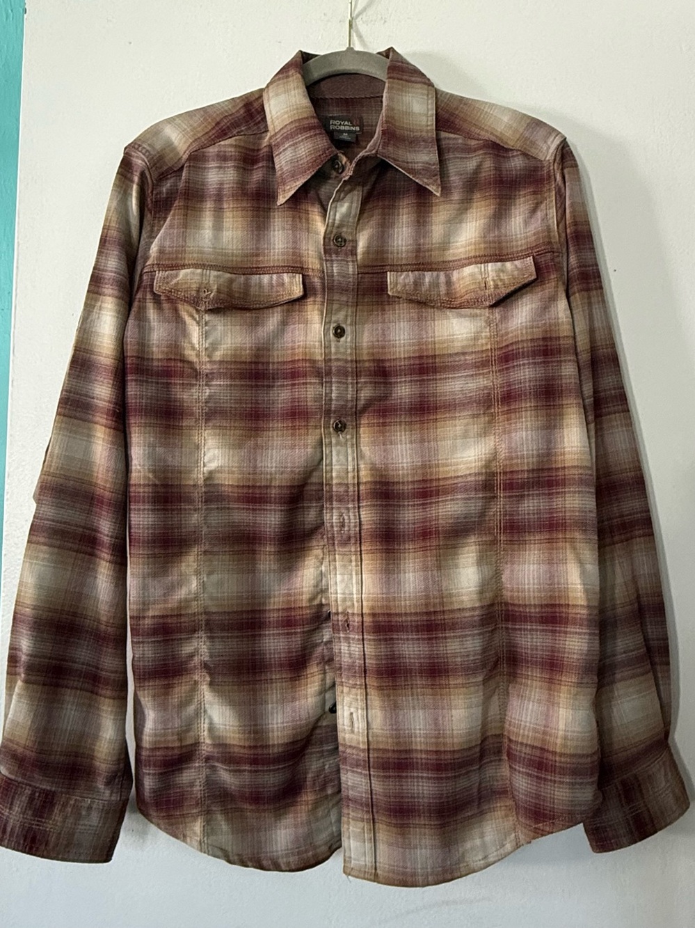 Royal Robbins Plaid Button-Up Shirt in Burgundy and Tan
